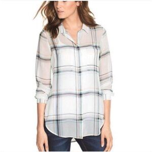 White House Black Market Sheer Plaid Long Sleeve Blouse Size 6